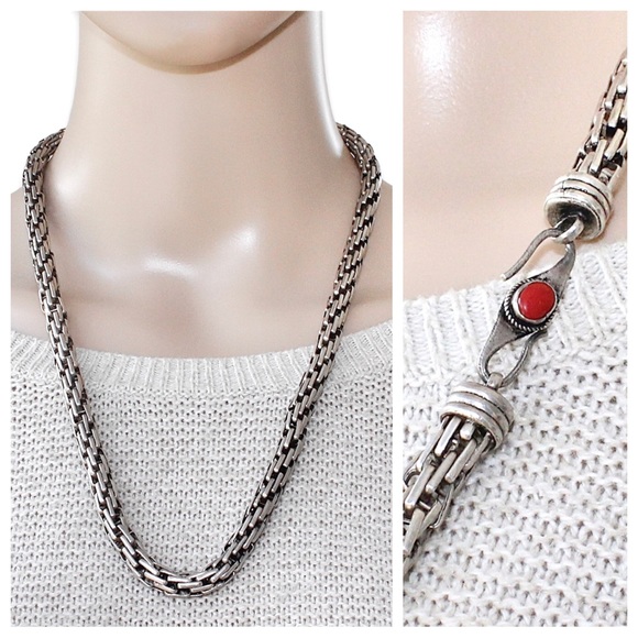 Vintage Red Coral Sterling Silver Woven Rope Chain Necklace Thick Heavy 72 Grams - Picture 1 of 5